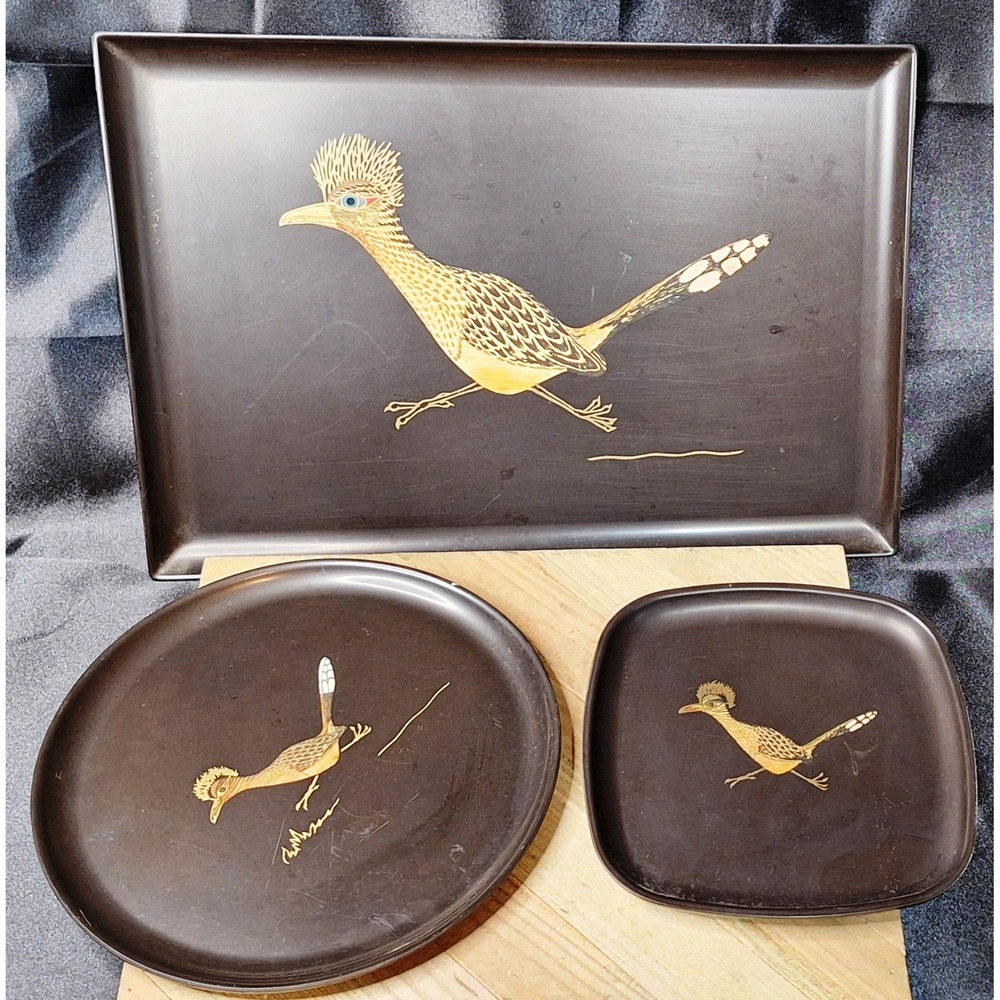 Vintage Couroc of Monterey Roadrunner Tray Set Mid Century Modern Black 3 Piece